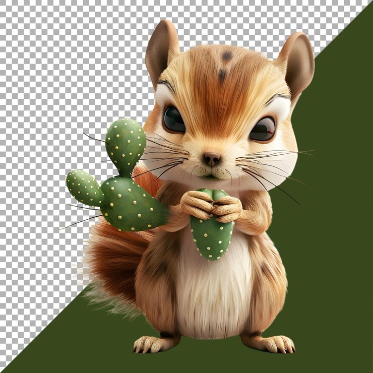 PSD renderización 3d de un conejo jugando con una planta de cactus en un fondo transparente generado por ai