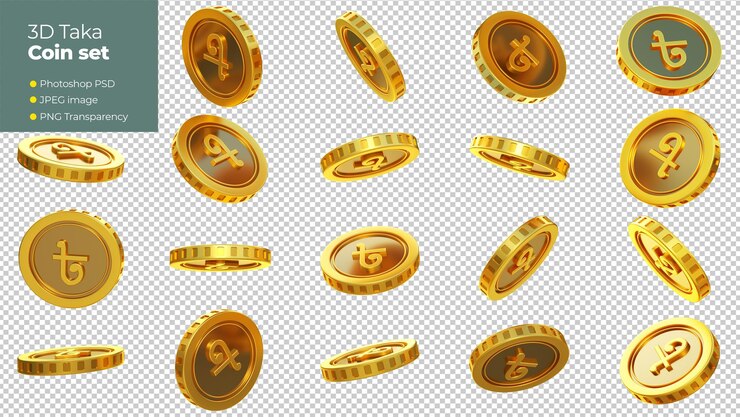 PSD renderización 3d de un conjunto de monedas de taka abstractas de bangladesh concepto en diferentes ángulos signo taka