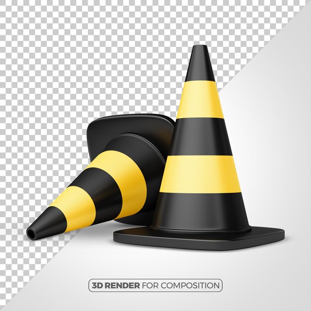 Renderización 3D de la construcción y el cono de tráfico