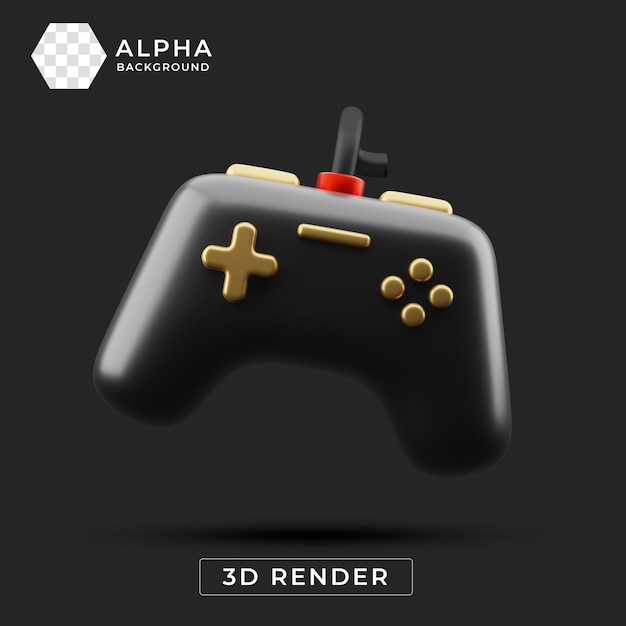 Renderización 3D de un controlador de juego negro y dorado