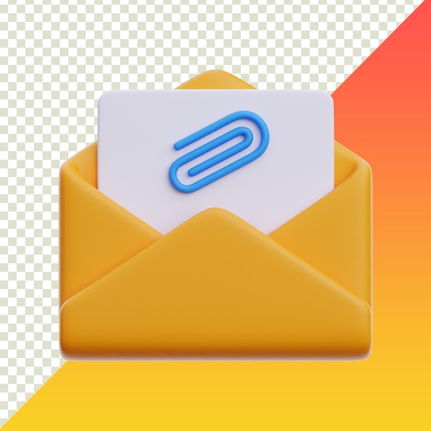 Renderización 3D de correo electrónico con adjunto aislado en un fondo transparente