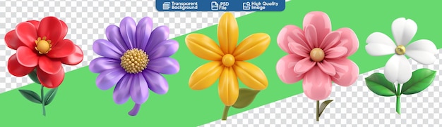 Renderización 3d de dibujos animados simples de un conjunto de flores coloridas para el estandarte de composición floral de primavera