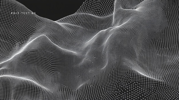 Renderización 3D en escala de gris abstracta de una estructura ondulante fluida compuesta por puntos interconectados que crean una sensación de profundidad y movimiento contra un fondo oscuro