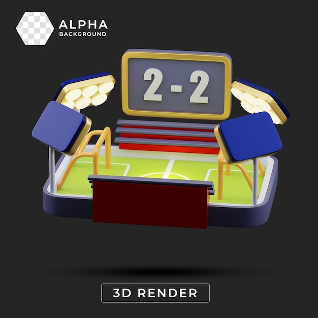 Renderización 3D de un estadio de fútbol con marcador que muestra un partido empatado