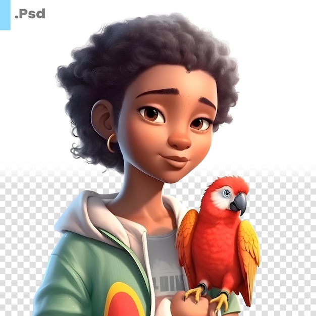 PSD renderización 3d de una figura de dibujos animados con un loro en su mano plantilla psd