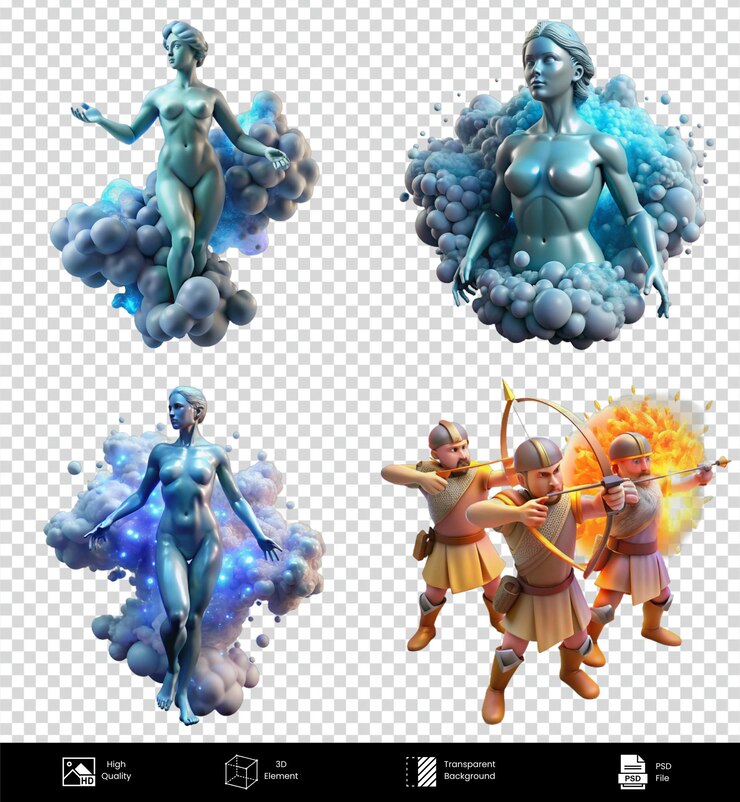 PSD renderización 3d de figuras mitológicas en fondos de nubes abstractas archivo psd png transparente de alta calidad