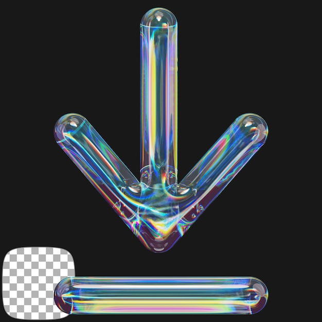 Renderización 3D de flecha de vidrio dispersa Y2K en un fondo transparente