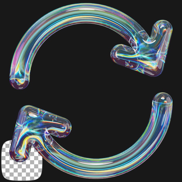 Renderización 3D de flecha de vidrio dispersa Y2K en un fondo transparente