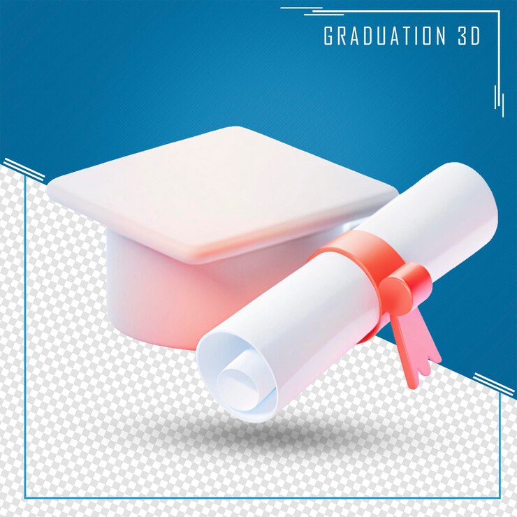 Renderización en 3D de la gorra de graduación y el diploma en fondo azul