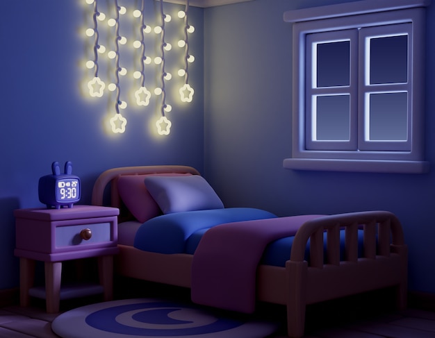 Renderización 3D de la habitación por la noche