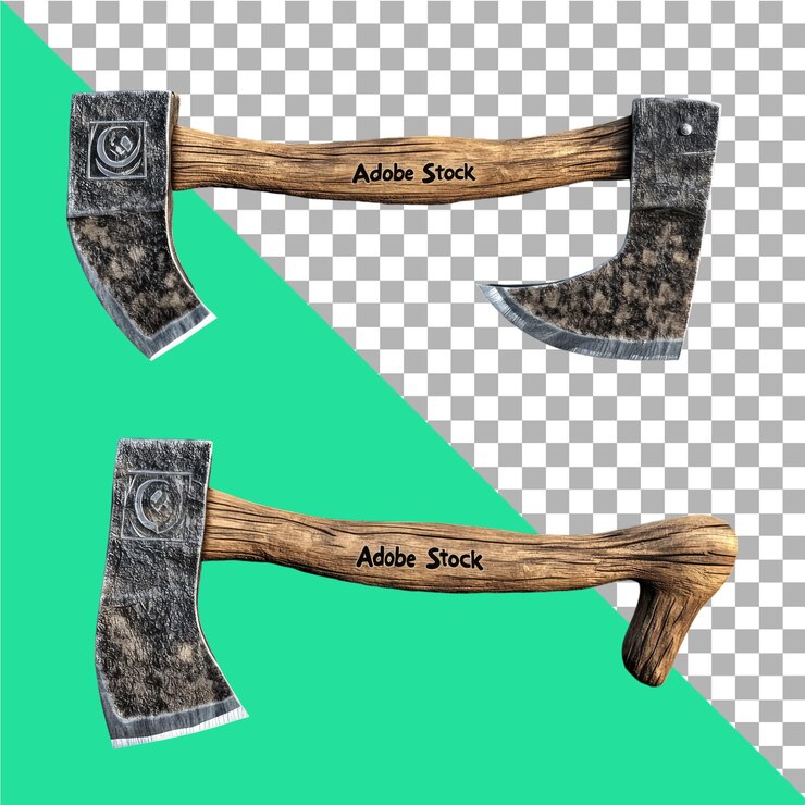 PSD renderización 3d de un hacha con un mango de madera en estilo de dibujos animados con formas simples mostradas desde 4 ángulos diferentes en un fondo blanco png