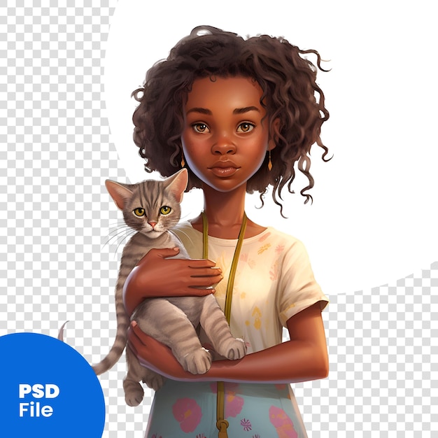 PSD renderización 3d de una hermosa mujer afroamericana con una plantilla psd de gato