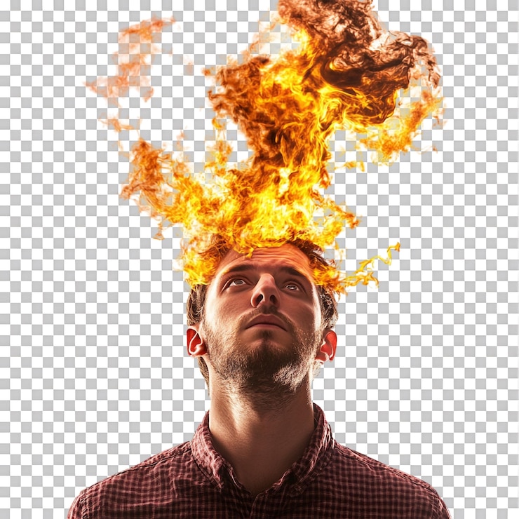 PSD renderización 3d de un hombre con una bola de fuego en la cabeza contra un fondo transparente