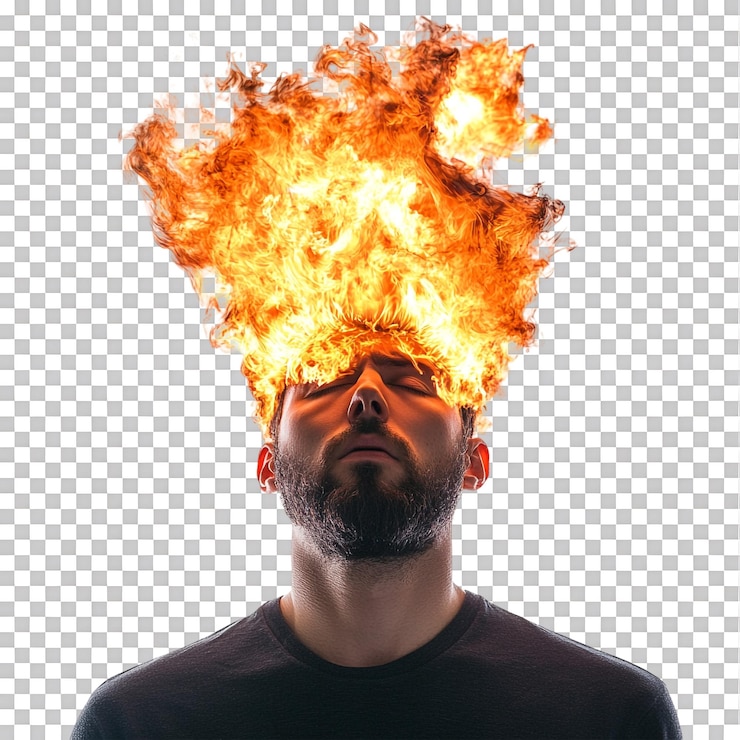 PSD renderización 3d de un hombre con una bola de fuego en la cabeza contra un fondo transparente