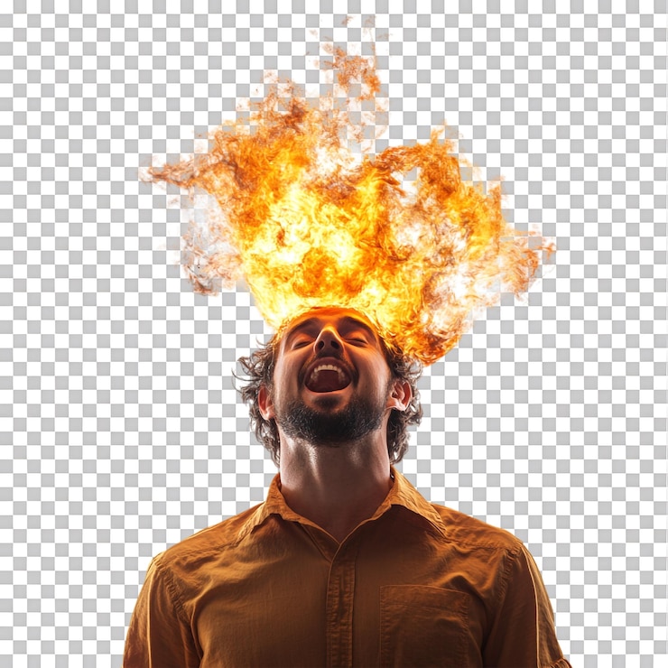 PSD renderización 3d de un hombre con una bola de fuego en la cabeza contra un fondo transparente