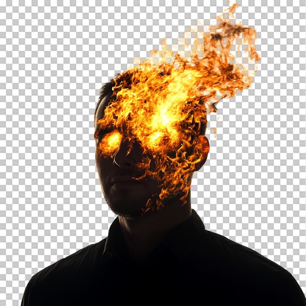 Renderización 3D de un hombre con una cabeza de fuego contra un fondo transparente