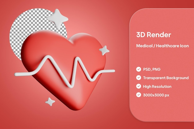 Renderización 3D del icono de atención médica del corazón con ritmo cardíaco para diseños de atención médica y medicina