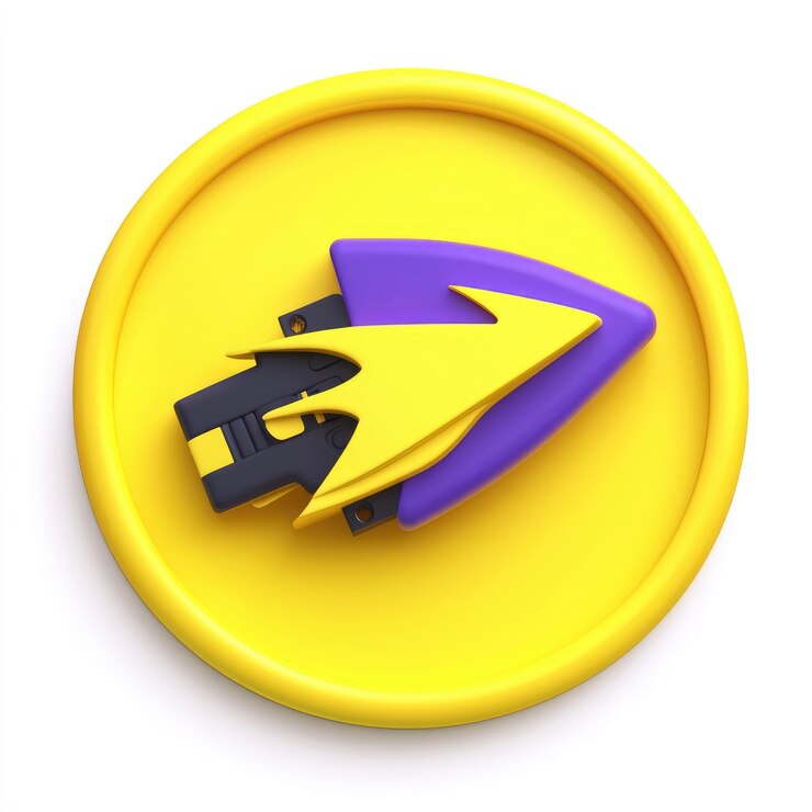 PSD renderización 3d del icono de la flecha amarilla y púrpura en el fondo del círculo amarillo