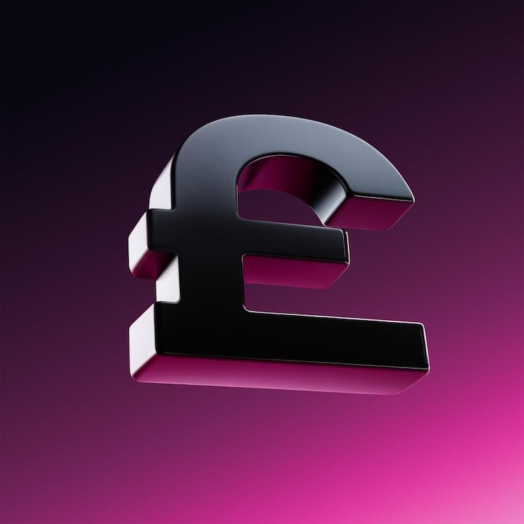 Renderización en 3D del icono de la libra británica con superficie brillante sobre un fondo rosa oscuro