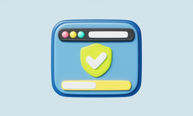 Renderización 3D del icono de seguridad del sitio web y del escudo de comprobación