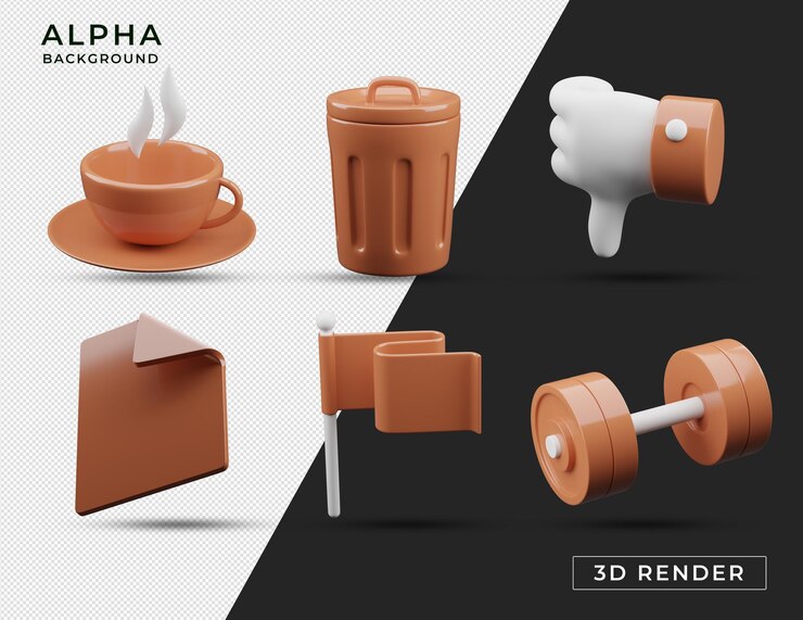 PSD renderización 3d de íconos naranjas taza de café basura puede pulgar hacia abajo documento bandera manivela