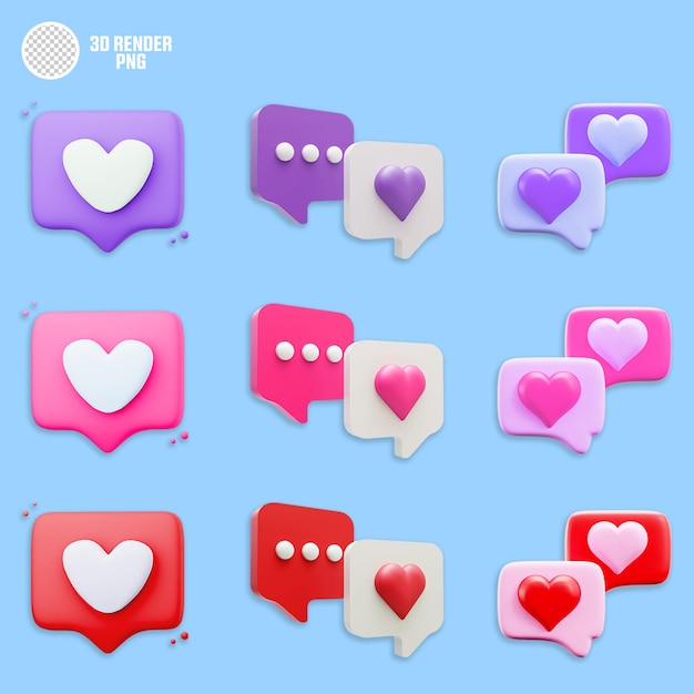 Renderización 3D de íconos PNG con corazones coloridos y burbujas de habla para el diseño del Día de San Valentín