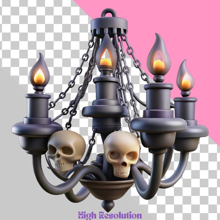 PSD renderización en 3d de una lámpara negra con detalles de la calavera y las llamas de las velas