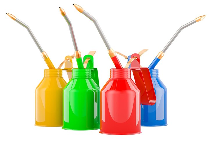 PSD renderización 3d de latas de aceite de colores aisladas sobre un fondo transparente
