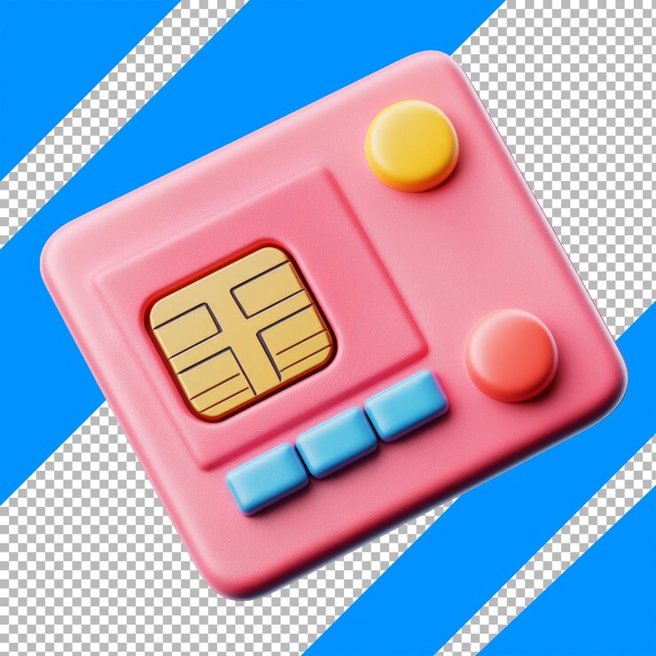 PSD renderización 3d de un lector de tarjetas sim lúdico en rosa con botones azules y amarillos