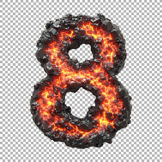 Renderización 3D de una letra del alfabeto número 8 hecha de lava en un fondo transparente