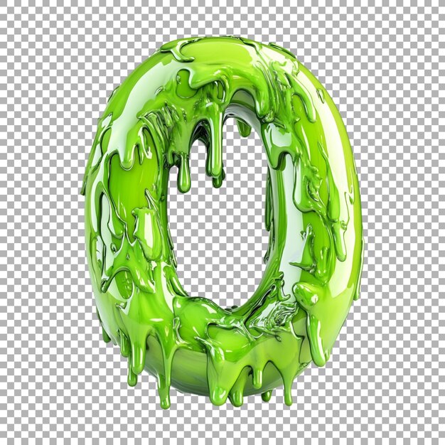 Renderización 3D de una letra del número 0 del alfabeto hecha de limo sobre un fondo transparente