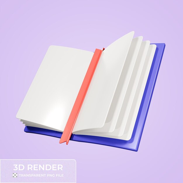 Renderización 3D de un libro abierto con un marcador en un fondo púrpura
