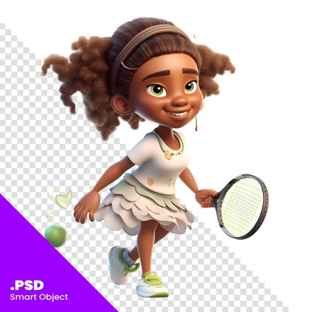 PSD renderización 3d de una linda chica afroamericana jugando al tenis aislada en un fondo blanco plantilla psd