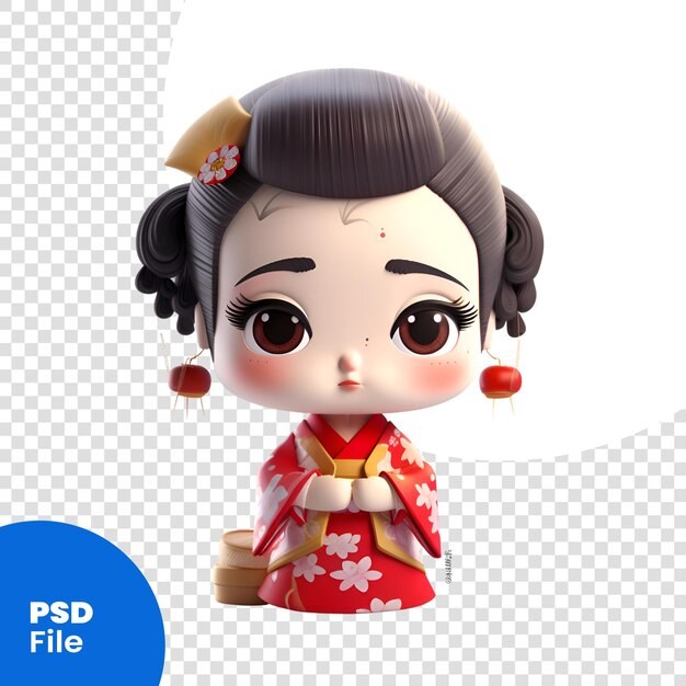PSD renderización 3d de una linda muñeca kokeshi aislada en un fondo blanco plantilla psd