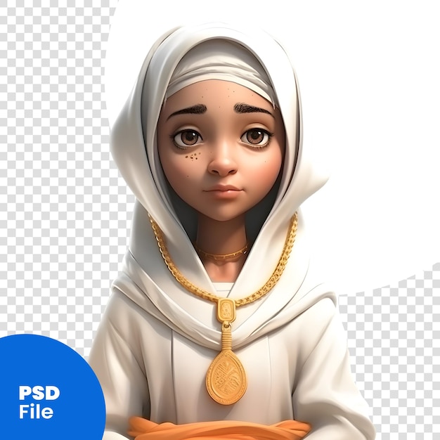 PSD renderización en 3d de una linda niña musulmana en una túnica blanca plantilla psd