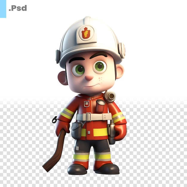 Renderización 3d de un lindo personaje bombero aislado en una plantilla psd de fondo blanco