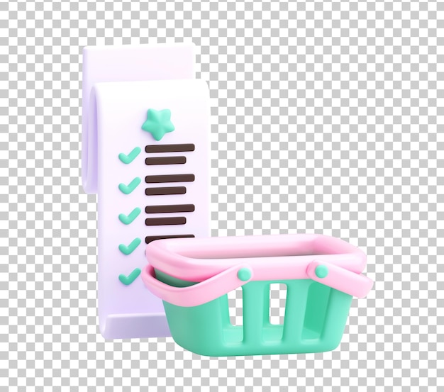 Renderización 3D de la lista de compras y la canasta en un fondo transparente