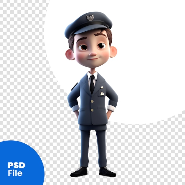 PSD renderización 3d de little boy con disfraz de policía y plantilla psd de fondo blanco