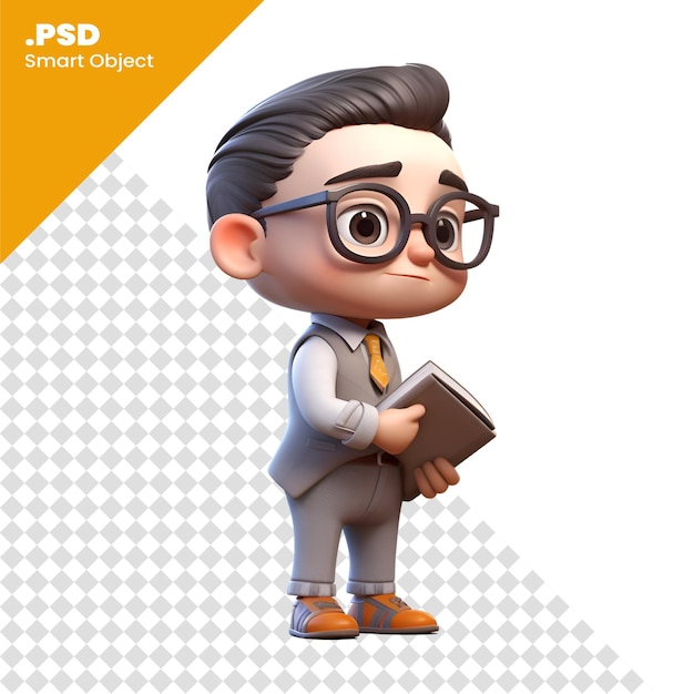 PSD renderización 3d de little businessman con libro en un fondo blanco plantilla psd