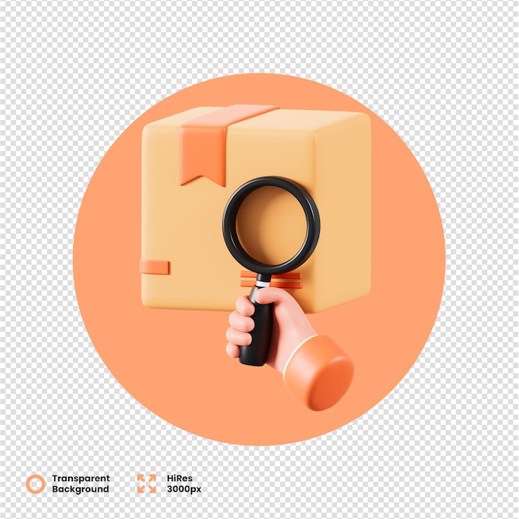 PSD renderización en 3d de una lupa en la mano sobre el paquete