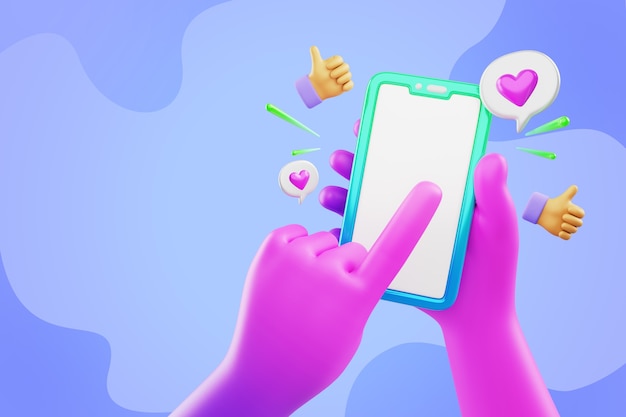 Renderización 3D de manos y fondo de las redes sociales
