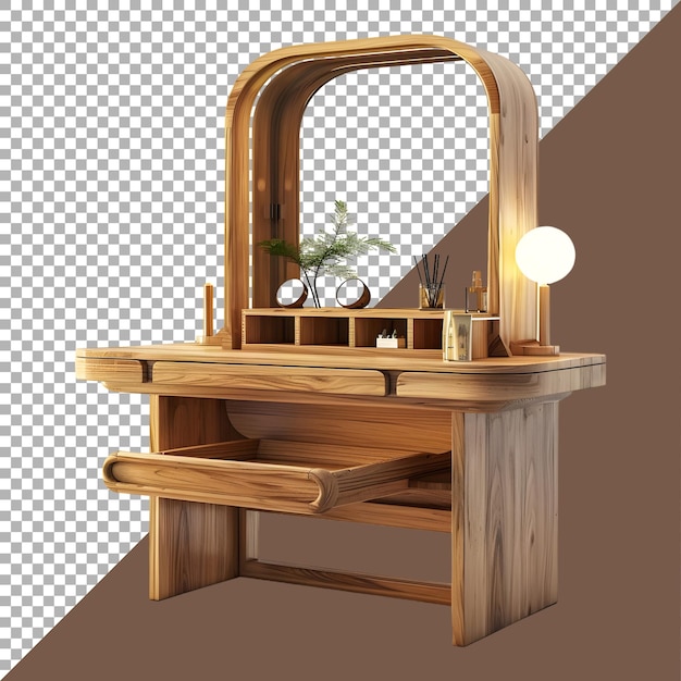 Renderización 3d de una mesa de espejo de madera antigua en un fondo transparente generada por ai