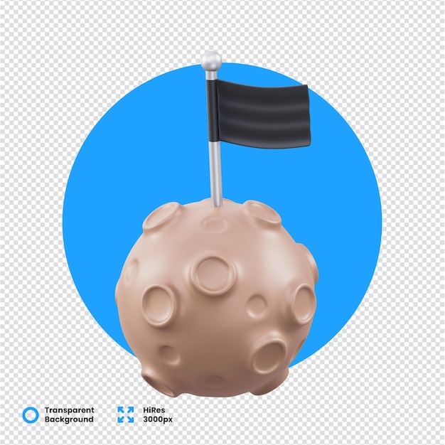 Renderización 3D de un modelo de luna con bandera negra