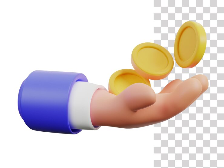 Renderización en 3D de monedas en la mano sobre un fondo transparente