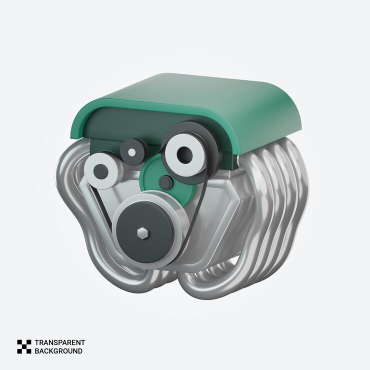 Renderización 3D de un motor en verde y plata