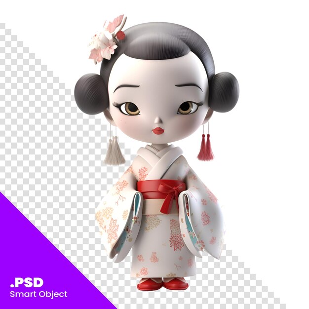 Renderización 3d de una muñeca geisha japonesa aislada en una plantilla psd de fondo blanco