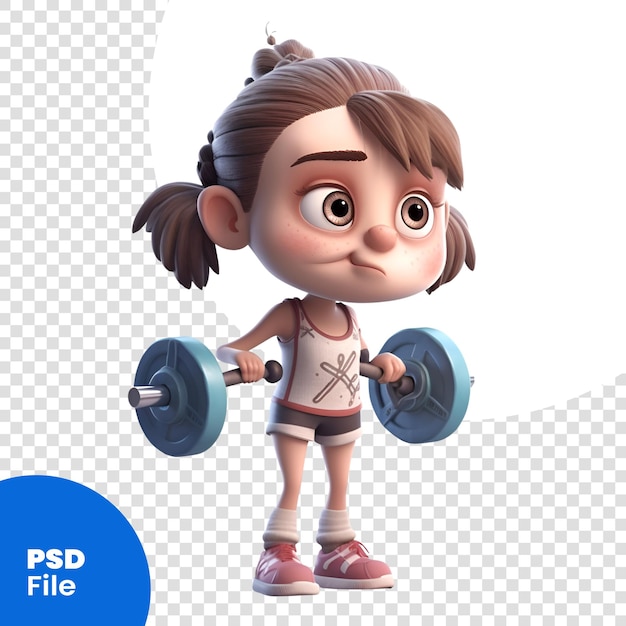 PSD renderización 3d de una niña levantando una barra en un fondo blanco plantilla psd