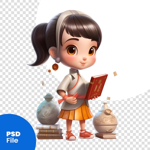 Renderización 3d de una niña linda con un libro y una plantilla psd de libros