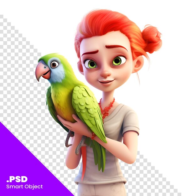 Renderización 3d de una niña con un loro aislado en una plantilla psd de fondo blanco