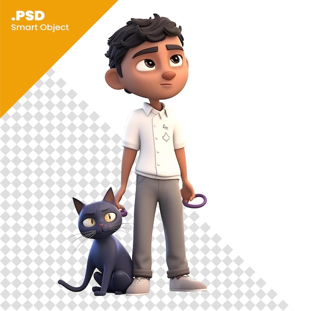 PSD renderización 3d de un niño adolescente con un gato en un fondo blanco plantilla psd